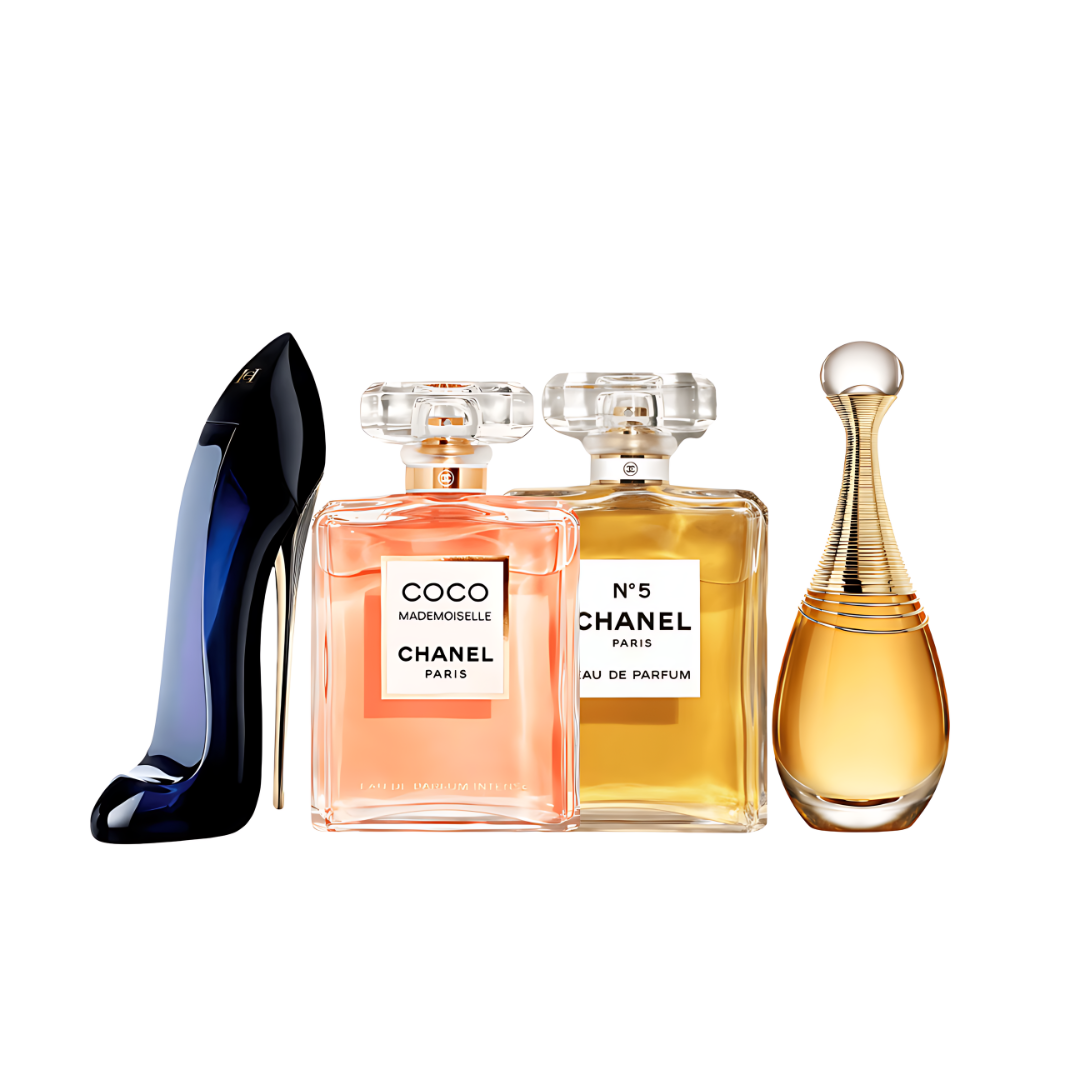 Combo promocional 4 Perfumes - GOOD GIRL 100ml, MADEMOISELLE 100ml, Chanel Nº5 100ml, Dior J'ADORE 100ml