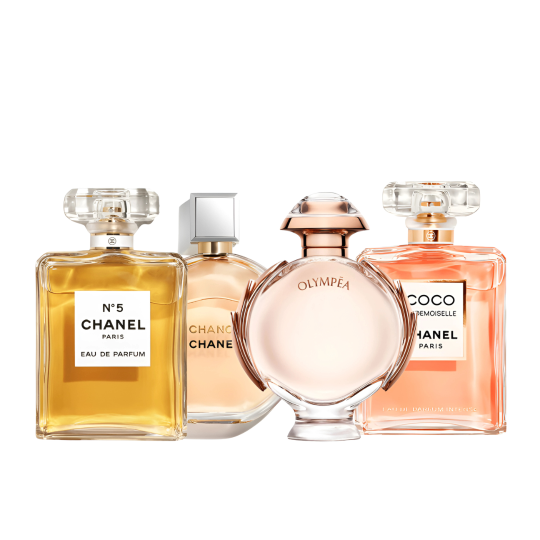 Combo promocional 4 Perfumes - Chanel Nº5 100ml, MADEMOISELLE 100ml, Chanel CHANCE 100ml, Paco Rabanne OLYMPÉA 80ml