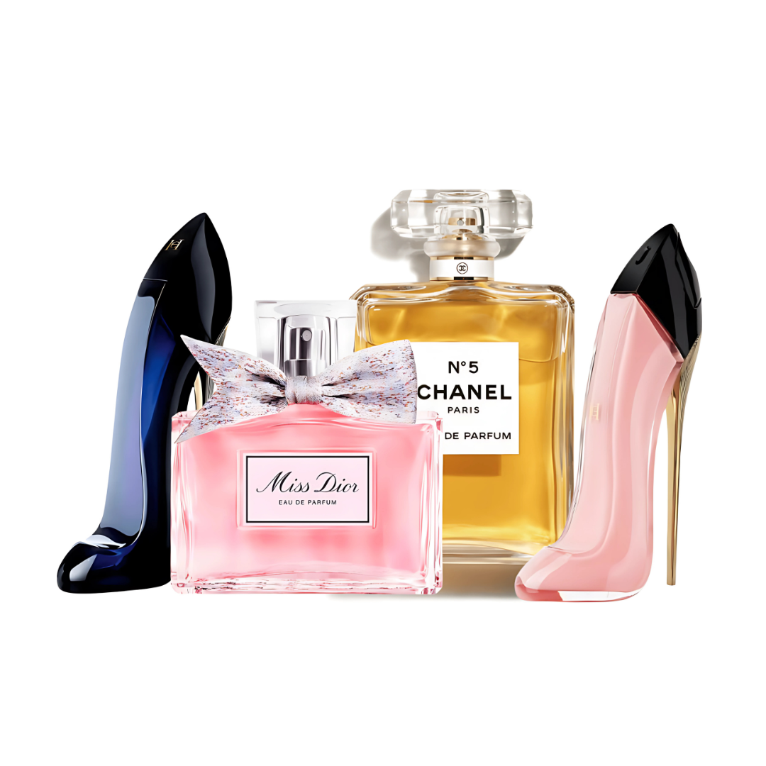 Combo promocional 4 Perfumes - GOOD GIRL 100ml, MISS DIOR 100ml, Chanel Nº5 100ml, GOOD GIRL BLUSH 80ml